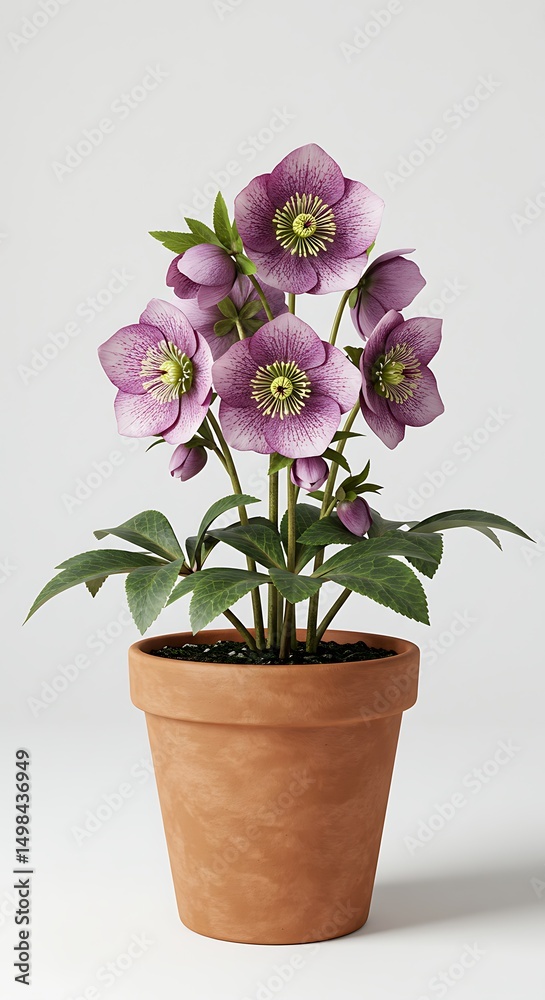 Naklejka premium Hellebore blooms in earthenware pot