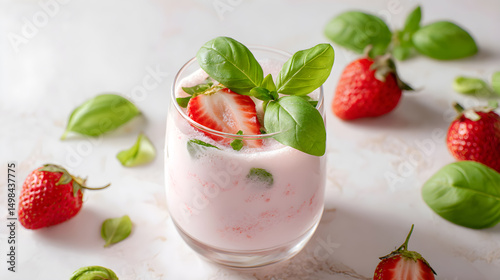 Chilled strawberry basil kefir served in glass with basil leaves and strawberry slices (AI Image)