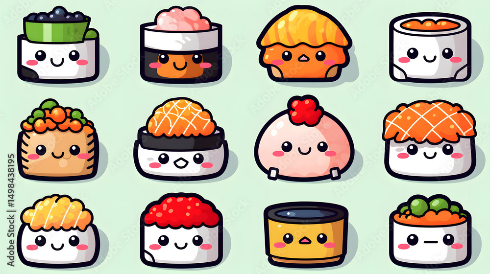 Obraz premium Sushi Kawaii Menu Icon Set Cartoon Vector for Asian Cuisine Restaurant Use