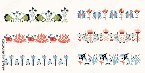 Folk ocean scandi seamless borders set - fishes, flowers, branches in scandinavian hygge style, ethnic floral sea motifs on background for wrapping, textile, digital or scrapbook paper or invitation