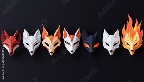 Seven Fox Masks with Dark Background.