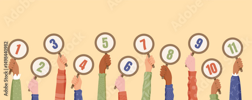 Customer feedback cartoon rating concept. Hands hold numbered paddles for review and survey. Score and grade evaluation banners reflect customer opinion quality rating. Modern business layout,
