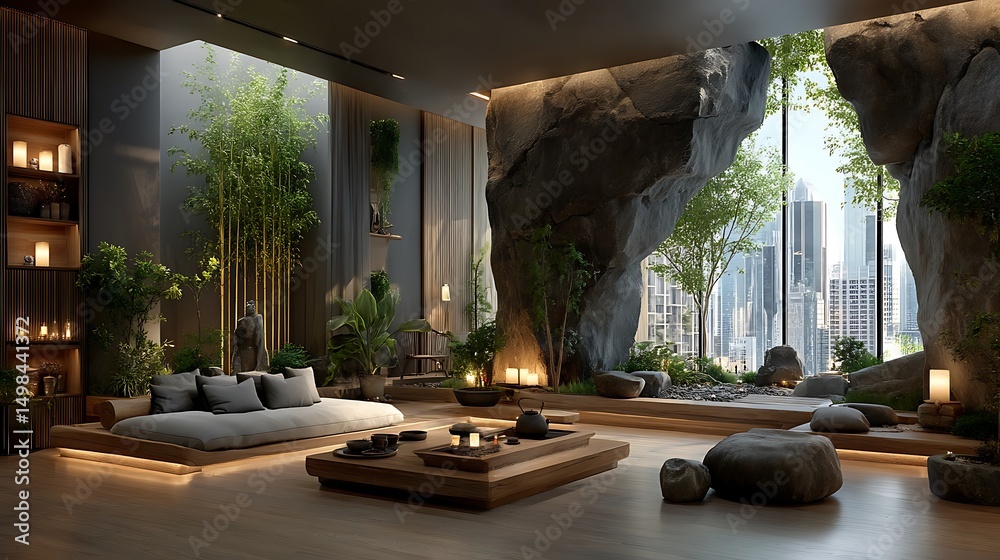Fototapeta premium Contemporary zen room featuring bonsai and bamboo garden high resolution picture