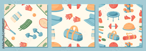 Seamless pattern of gym equipment in flat style set. A detailed set of fitness and workout tools, creating a unique exercise background. Perfect for athlete themes and sport lifestyle designs.