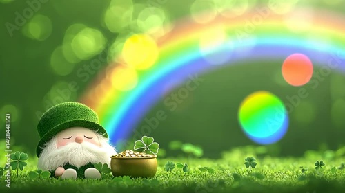 St patrick Concept, Cute leprechaun and whimsical gnome beside pot of gold under rainbow, surrounded by green clovers.