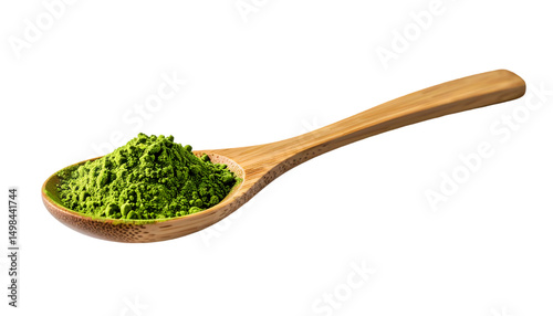 Green tea matcha powder on wooden spoon