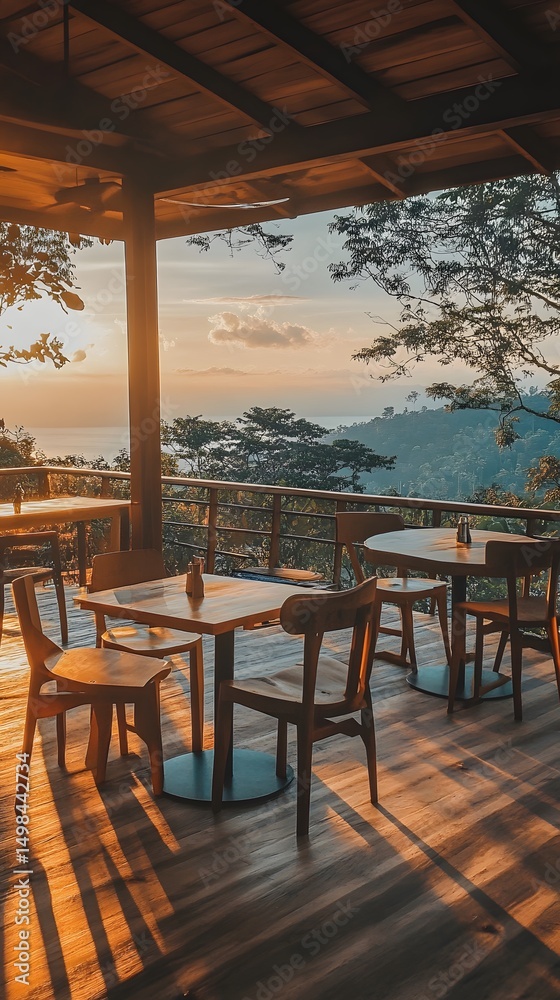 Fototapeta premium Rooftop breakfast cafe with sunrise views and rustic decor