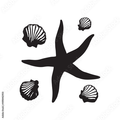 Hand Drawn Starfish and Seashells Illustration,
Vintage Sea Life Sketch with Starfish and Shells,
Black and White Starfish and Shell Collection,
Nautical Marine Elements in Engraved Style,