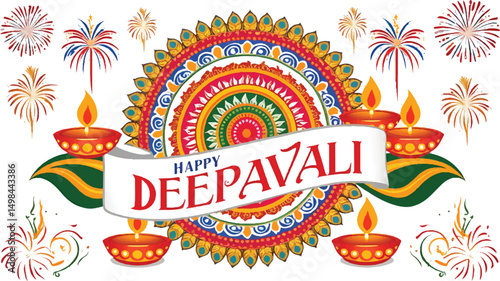 Festive Diwali Greeting with Fireworks and Diyas
