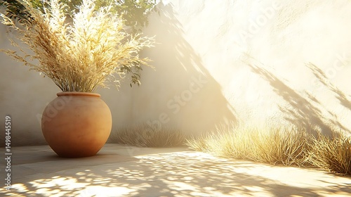 Sunlit patio, dried flowers, calm scene, serenity, home decor