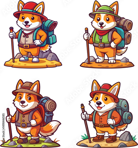 Adorable dogs hiking in nature wearing hats and backpacks carrying trekking poles vector illustration 