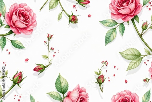 Delicate watercolor rose buds & leaves, repeat pattern, graphics, red, pink