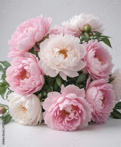 Delicate pink peonies and roses, fresh bouquet, white background , macro, floral, feminine