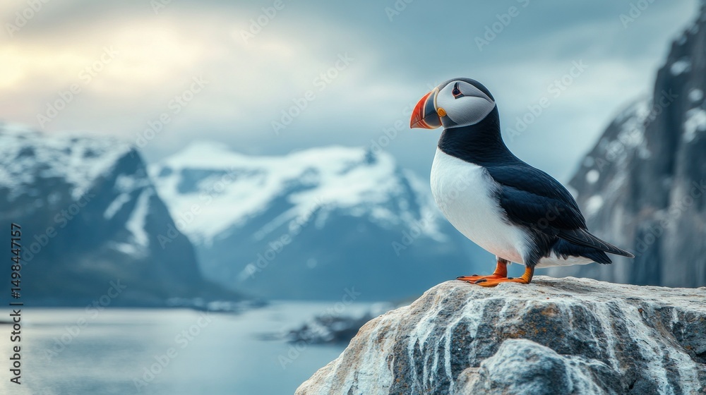 Fototapeta premium Puffin perched on a rock overlooking a fjord