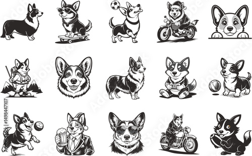 Corgi breed skateboarding playing soccer riding motorcycles hiking and more, Adorable corgi collection various activities styles vector illustration, Cute dog set image
