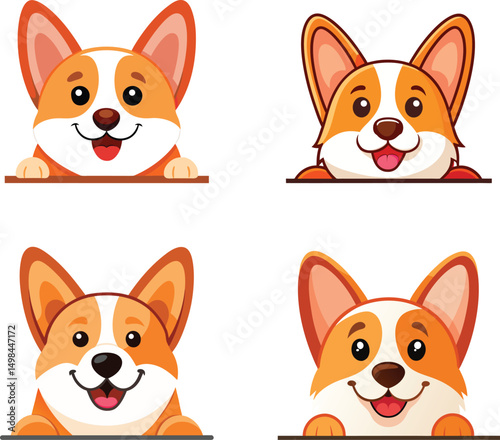 Corgis peeking over a surface happy dogs cheerful faces vector illustration