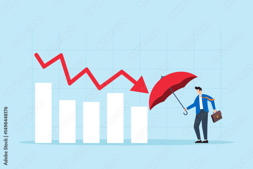 Flat illustration of businessman using umbrella to shield against declining graph or economic downturn protection crisis management and financial defense strategy Flat illustration of businessman using umbrella to shield against declining graph or economic downturn protection crisis management and financial defense strategy