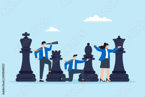Flat illustration of business team using giant chess pieces corporate strategy to win competition planning leadership teamwork and decision making
