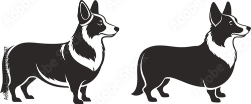 Corgi dogs side profile view black and white silhouette vector illustration