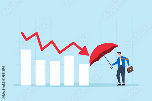 Flat illustration of businessman using umbrella to shield against declining graph or economic downturn protection crisis management and financial defense strategy