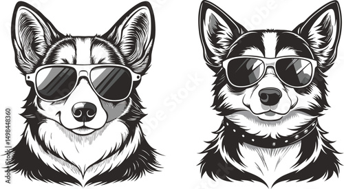 Corgi dogs wearing sunglasses one with a studded collar, A monochrome illustration featuring two dogs wearing sunglasses black and white silhouette vector illustration