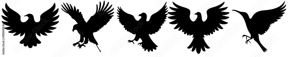 Fototapeta premium Dynamic Flying Bird Silhouette Vector Collection – Black Bird Shapes in Motion for Logos, Wildlife Art, Nature Graphics, Printables, and Ornithology or Environmental Design Projects