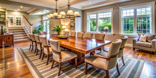 Wallpaper Mural Cozy spacious dining room with a large wooden table and comfortable seating area for family gatherings, comfortable seating, spacious dining room Torontodigital.ca