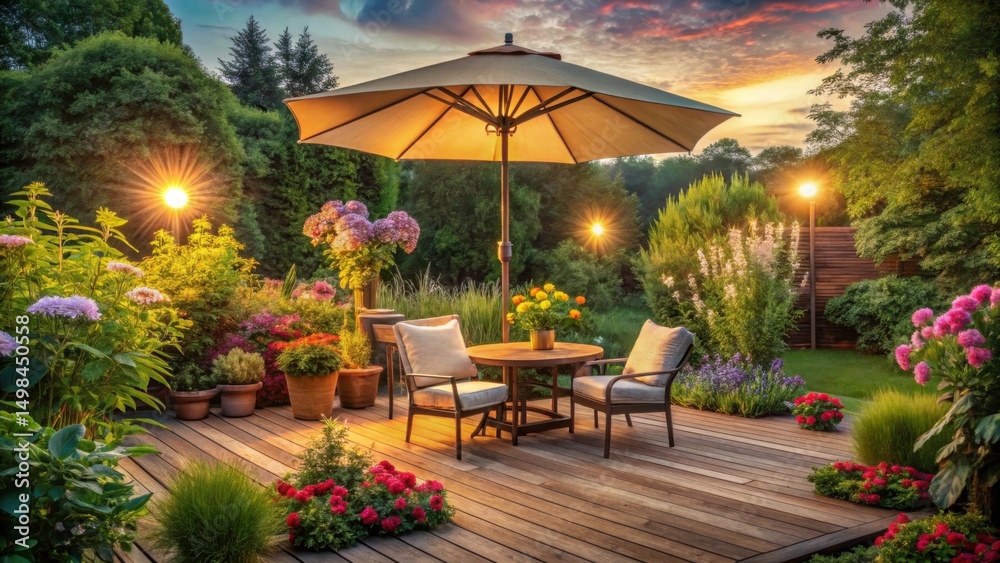 Obraz premium Cozy summer evening with sun umbrella on wooden patio furniture surrounded by lush greenery and vibrant flowers , greenery, warm lighting