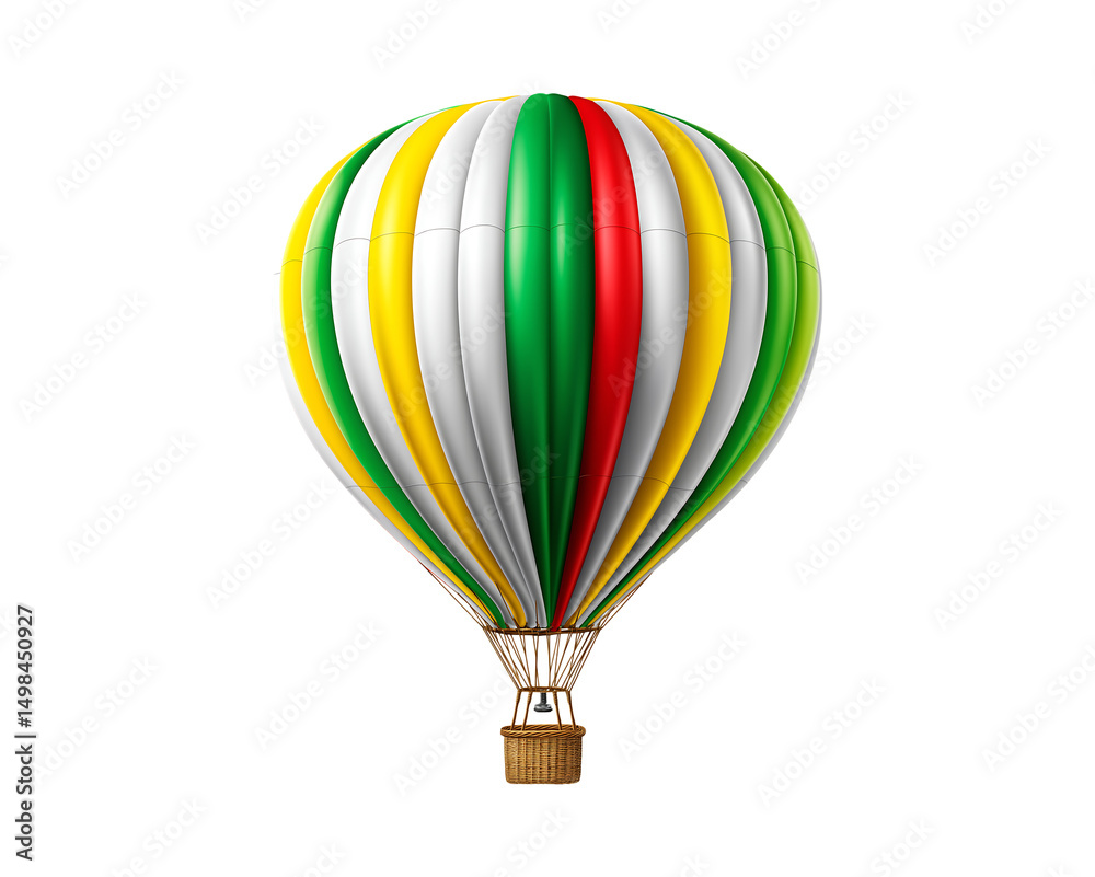 Naklejka premium 3D realistic hot air balloon with thick red, green, and yellow stripes on a transparent background