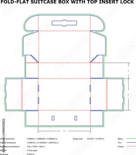 Fold flat suitcase box template top insert lock die cut design