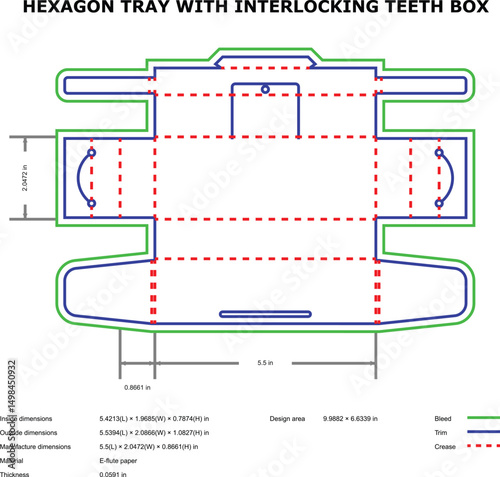 Hexagon tray interlocking teeth box die-cut template design