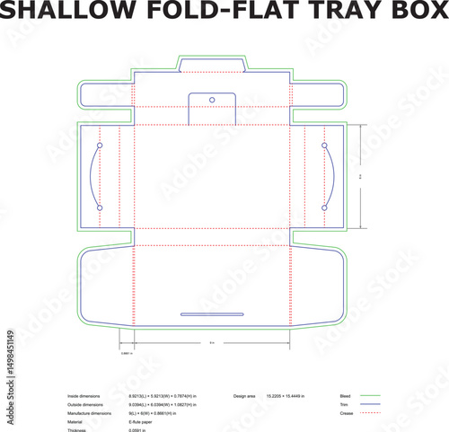 Shallow fold flat tray box packaging template die cut design