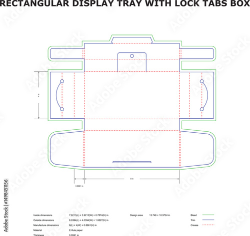Rectangular display tray with lock tabs box die-cut template