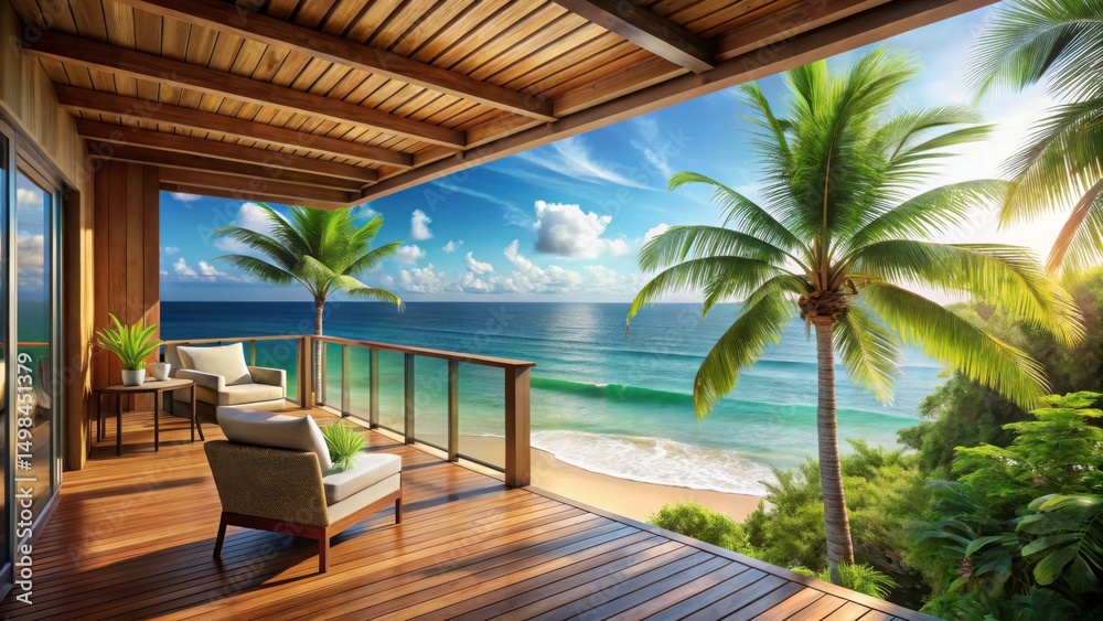 Fototapeta premium Beachfront bungalow with private balcony and ocean views, tropical decor, vacation rental
