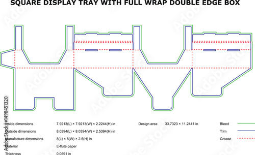 Square display tray full wrap double edge box die-cut template
