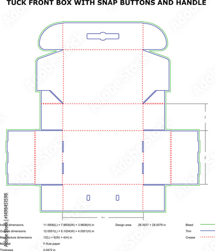 Tuck front box packaging design template snap buttons handle die-cut