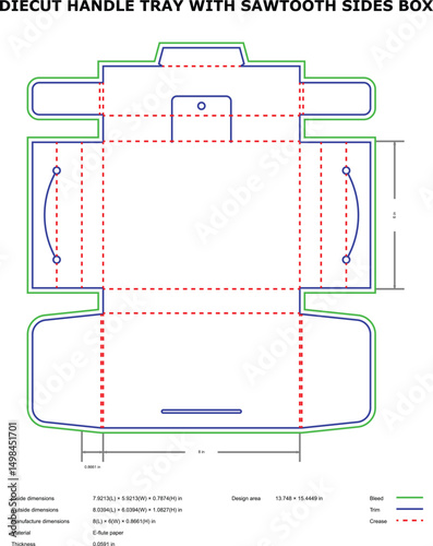 Diecut handle tray box sawtooth sides template design