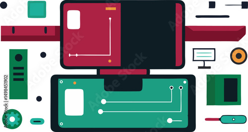 disassembled laptop with labeled parts vector.