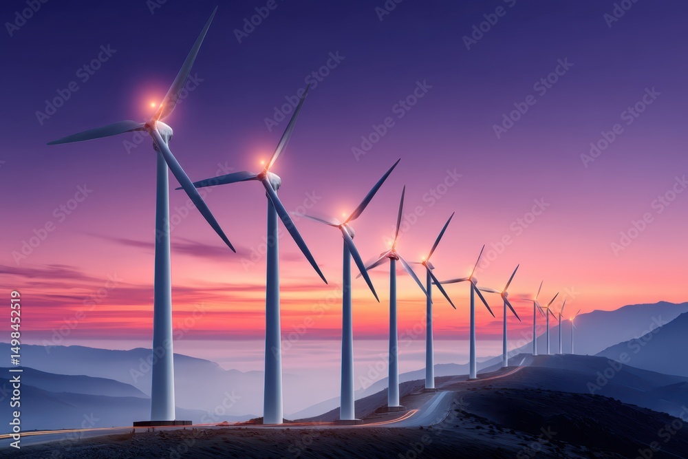 Fototapeta premium Wind turbines line mountain ridge under colorful sky at dusk generating power source