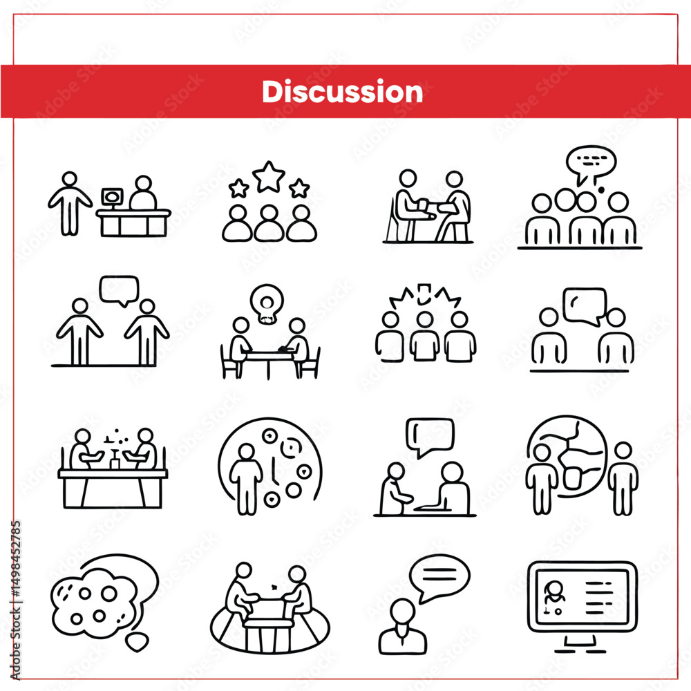 Discussion and Communication Line Icons Set – Meeting, Chat, and Teamwork Symbols Vector Discussion and Communication Line Icons Set – Meeting, Chat, and Teamwork Symbols Vector