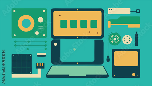  laptop parts exploded view vector illustration.