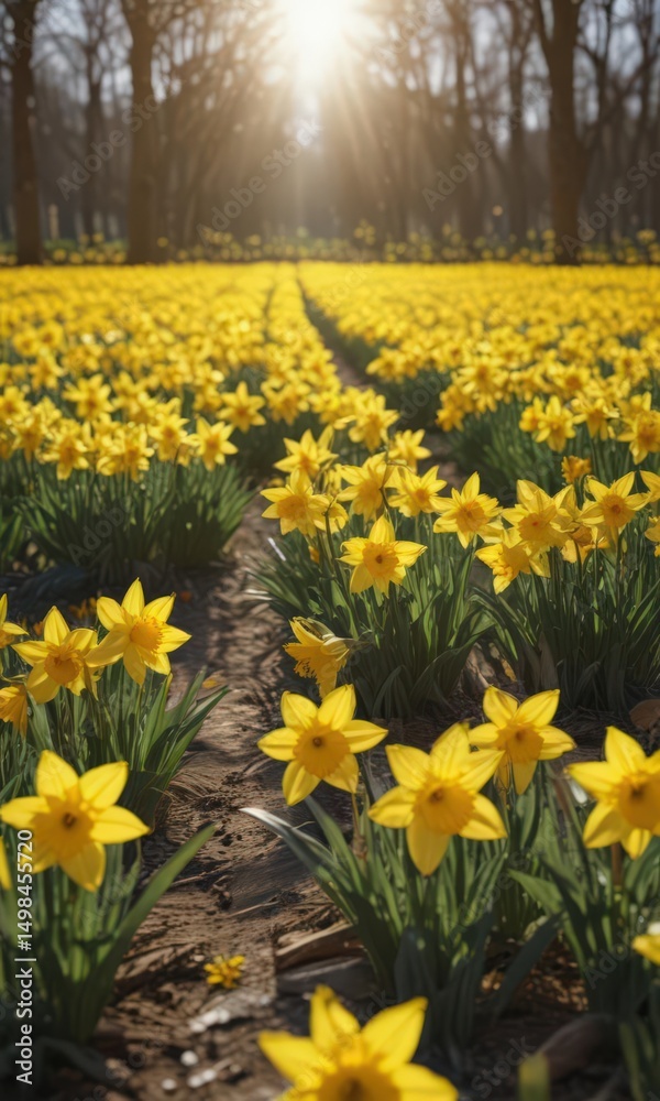 Obraz premium Sunlit field of vibrant yellow daffodils, petals gleaming , nature, field of flowers