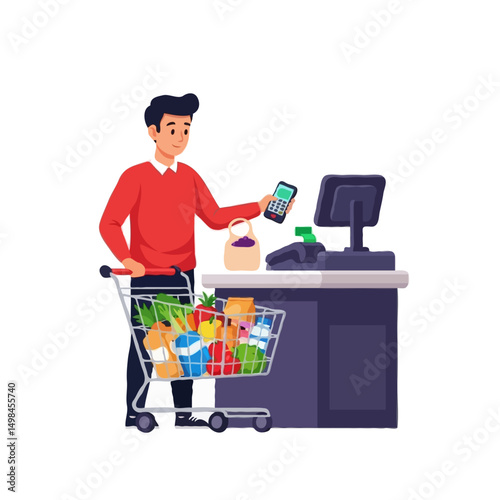 Mobile payment at grocery store, cartoon man using smartphone at contactless POS checkout