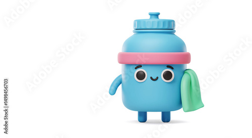 Cute 3Dcartoon water bottle character with towel and headband on white  background