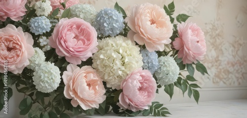 Soft pastel faux floral wall; roses, peonies & hydrangeas in vintage aesthetic ,  peony arrangement,  flower,  photo background