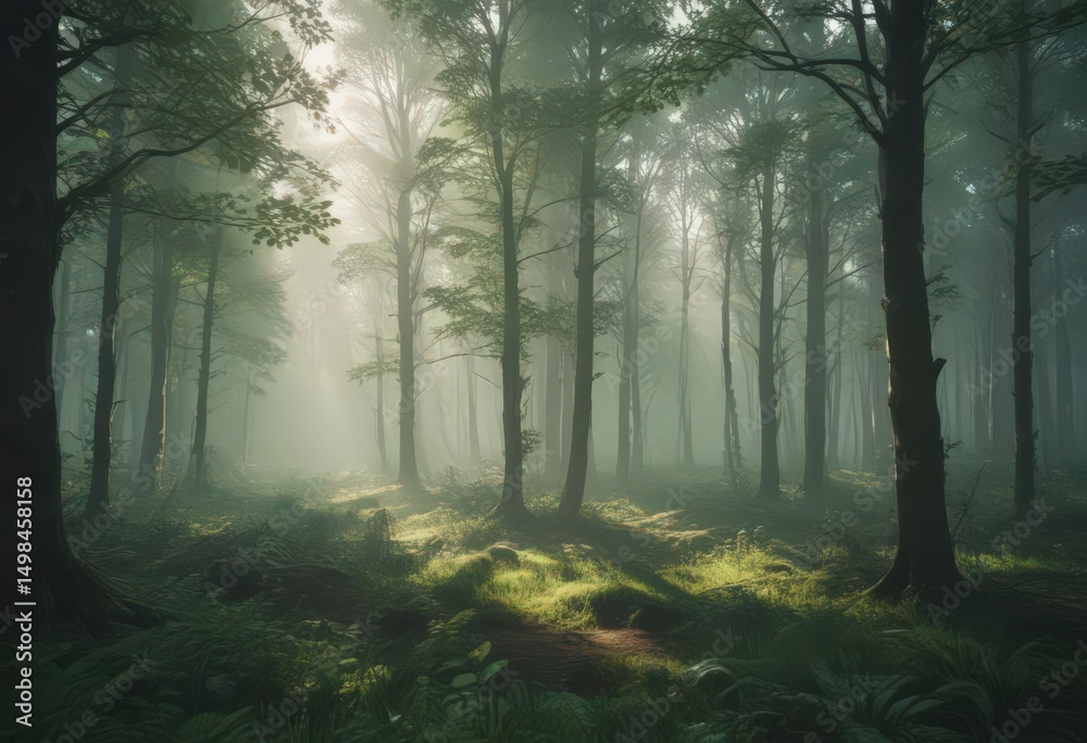 Naklejka premium Unfocused, hazy green forest, subtle light and shadow, hazy, plants, woodland