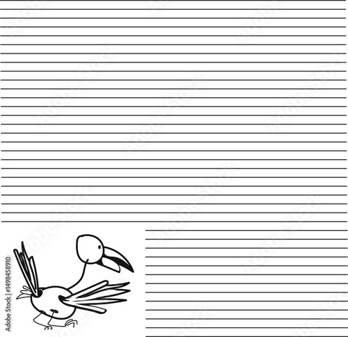 A lined sheet of paper or a notebook for notes and a drawn bird doll.