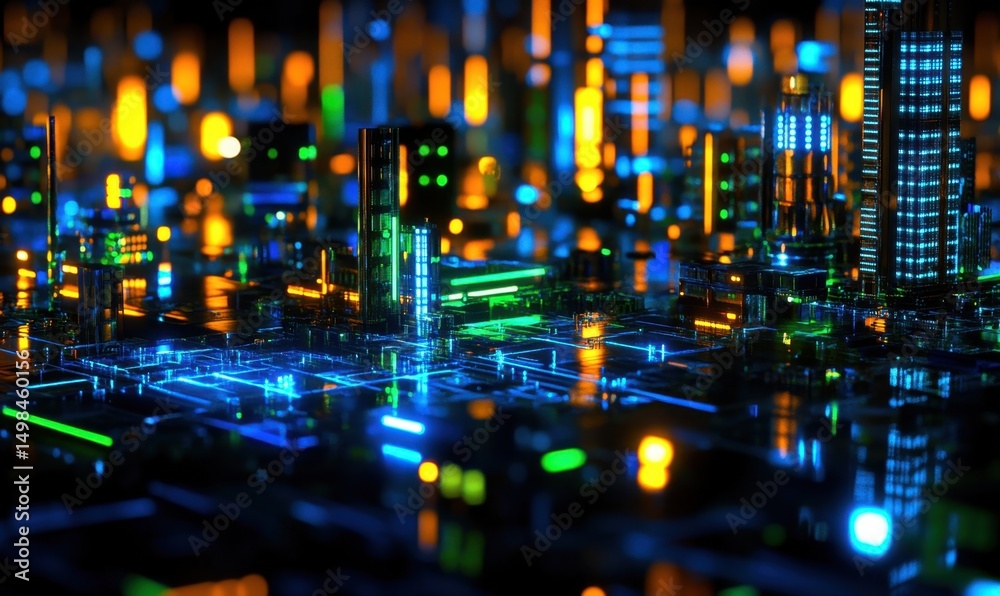 Obraz premium Futuristic city lightscape, digital network, glowing technology, night scene, background for tech