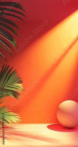 Tropical Palm with Orange Background, and Sphere.