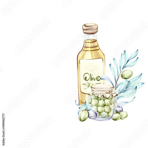Olives and olive oil illustrated in watercolor reflecting Italian cuisine and natures beauty frame, border, arrangement